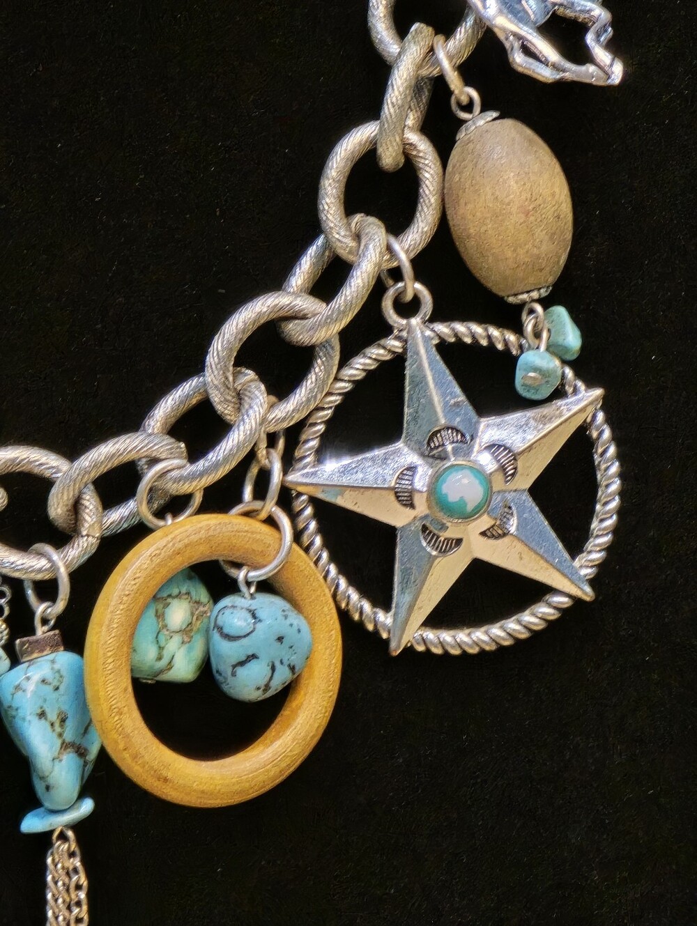 Boho Turquoise Charm Statement Necklace - Gold Tone - Picture 3 of 7
